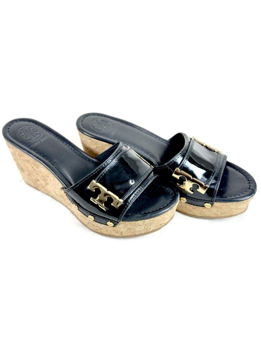 Tory Burch Patos Pamela Black Patent Leather Cork Wedge Platform Slides Size 7